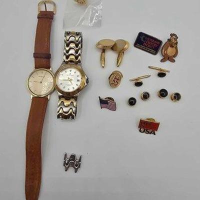 #1134 • 14k Gold Filled Wittanuer Watch, Pierre Cardin Watch, Cuff Links and Pins
