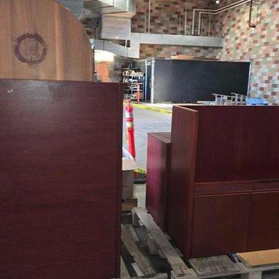 #4500 • L Shaped Wooden Desk with Overhead Shelves

