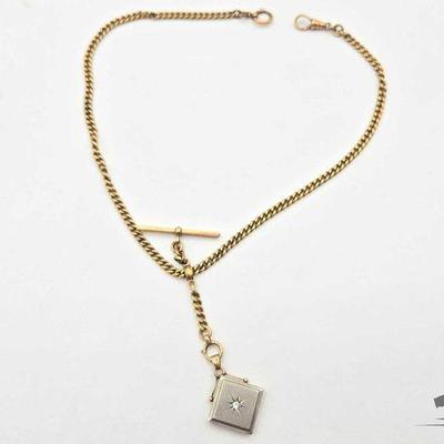 #654 • 18k Gold Watch Chain with Locket & Diamond Accent, 41g
