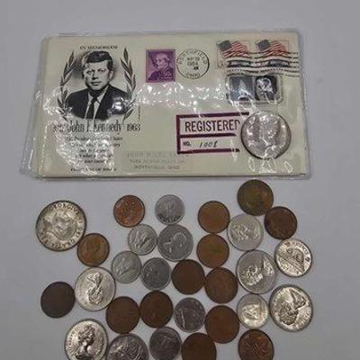 #1502 • 90% Silver Kennedy Half Dollar and Foregin Currency
