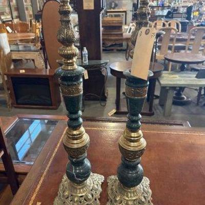 #7542 • Vintage Brass and Green Marble Alter Candlestick Holders
