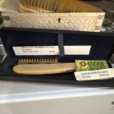 #3242 • Vintage Clippers, Razor, Bone Carved Box with Brush & Toiletry Bag
