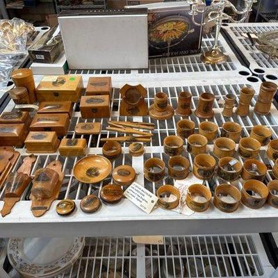 #3088 • Mauchline Ware Napkin Rings, Shot Glass Holder, Jewelry Box, Treen Dice Shakers, Glove Stretchers
