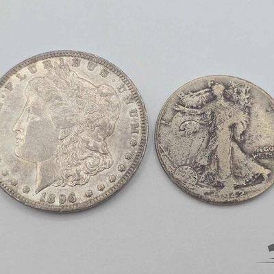 #1302 • 1896-P Morgan Silver Dollar and 1942 Walking Liberty Half Dollar
