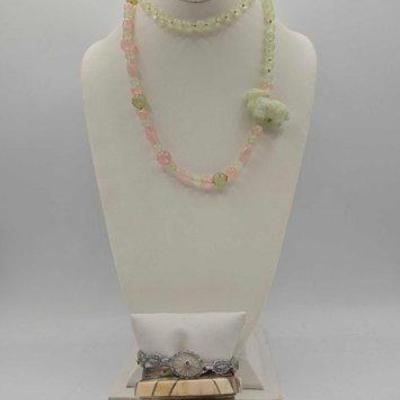 #910 • Jadeite Necklace, Sterling Silver Cuff & Costume Bracelet
