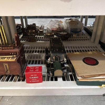 #3234 • Mini Piano Organ Music Box, Vintage Model Car, Vinyl Records & Plate
