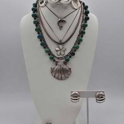 #908 • Sterling Silver Necklaces, Earrings and Pendnat, 141.2g
