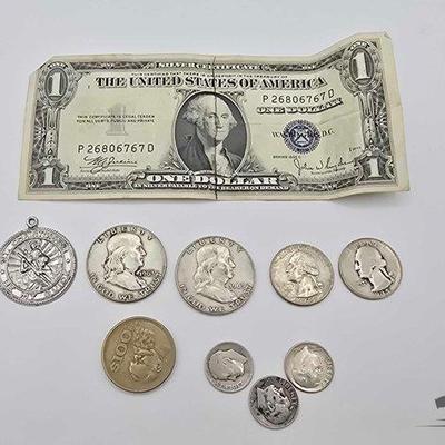 #1404 • 1935 Silver Certificate, 90% Silver Coins, Foregin Currency & Pendant
