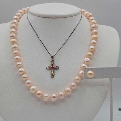 #894 • Sterling Silver Cross Necklace & Pearl Necklace with Matching Earrings
