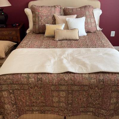 Queen Size Bedframe W/ Plaid Upholstered Headboard