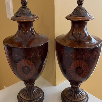 Pair of Marquetry-Style Covered Urns