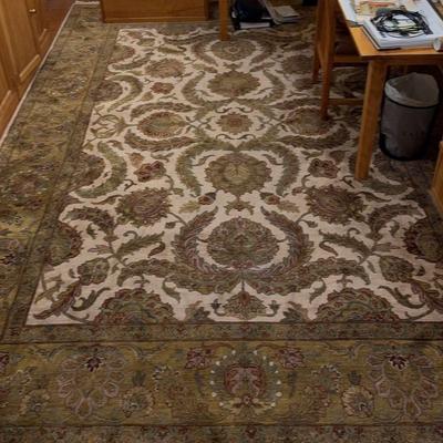 Green & Cream-Tone Hand-Knotted Wool Rug