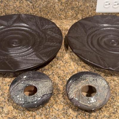 Pair of Royal Haegar Ceramic Platters & Flower Frogs