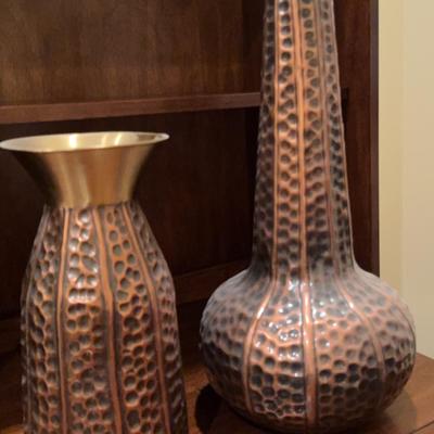 Two Copper-Tone Hammered Metal Vases
