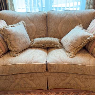 Pair of Ethan Allen Green Paisley Loveseats