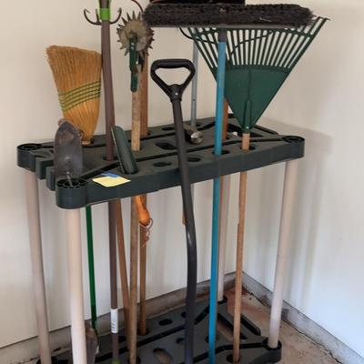 Assortment of Yard Tools & Storage Rack