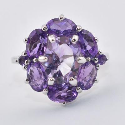 Sterling Silver 2.75 TCW Natural Unheated Oval Amethyst Cluster Ring