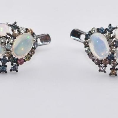 Sterling Silver Natural Unheated Fire Opal & Sapphire Dangle Earrings 