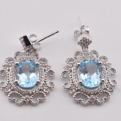 Sterling Silver 5 Carat Natural Oval Blue Topaz Dangle Earrings 