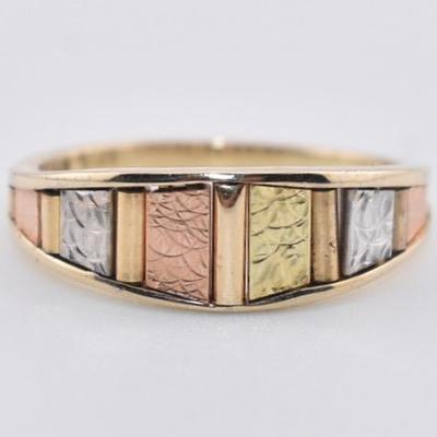 14k Tri-Tone Gold Etched Panel Ring