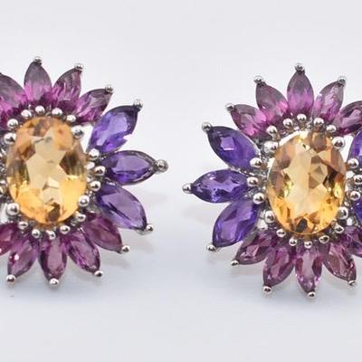 Sterling Silver Natural Unheated Citrine & Pink Rhodolite Garnet Burst Earrings