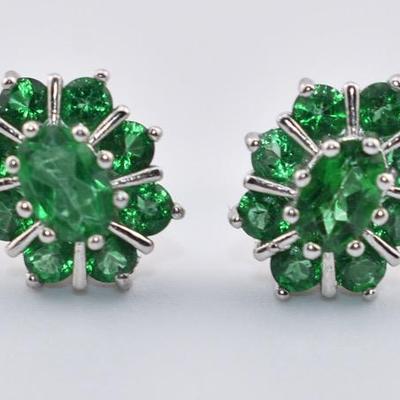 Sterling Silver Green Topaz Cluster Stud Earrings