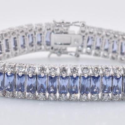 Sterling Silver 21 TCW Emerald-Cut Tanzanite Tennis Bracelet