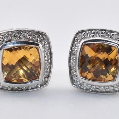 David Yurman - Albion - Sterling Silver 4 TCW Cushion Citrine & Diamond Stud Earrings