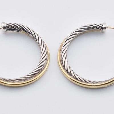 David Yurman - Sculpted Cable - Sterling Silver & 14k Yellow Gold Open Hoop Earrings