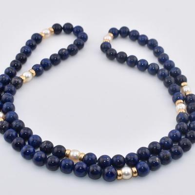 14k Yellow Gold 6mm Pearl & Lapis Lazuli Bead Necklace