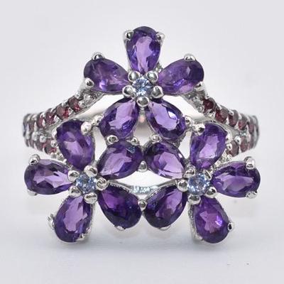 Sterling Silver Natural Unheated Amethyst, Tanzanite & Rhodolite Garnet Floral Ring