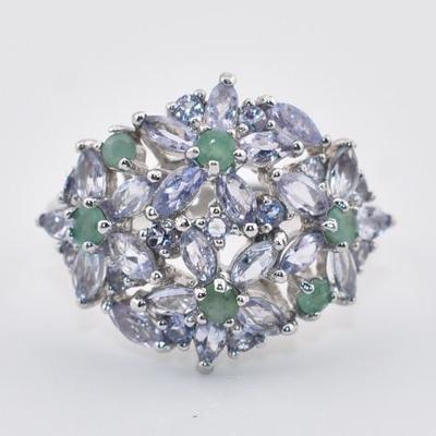 Sterling Silver Natural Unheated Tanzanite & Emerald Floral Ring