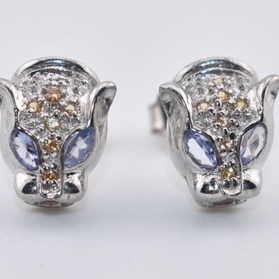 Sterling Silver Natural Unheated Tanzanite & Sapphire Panther Stud Earrings