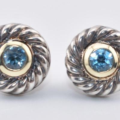David Yurman - Cookie - Sterling Silver & 14k Yellow Gold Blue Topaz Round Stud Earrings