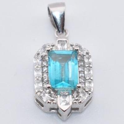 Sterling Silver Emerald-Cut Blue Topaz Art Deco Pendant