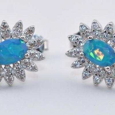 Sterling Silver Oval Blue Opal Earrings