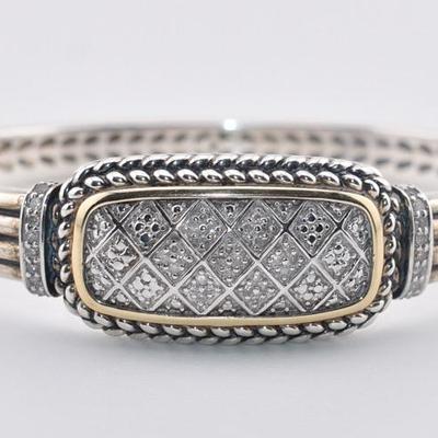 Sterling Silver & 14k Yellow Gold Diamond Hinged Bangle Bracelet