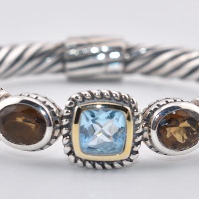 Sterling Silver & 14k Yellow Gold 3 Carat Cushion Blue Topaz & Oval Smokey Quartz Cable Twist Bangle