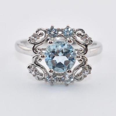 Sterling Silver 1.25 Carat Round Blue Topaz Art Nouveau Ring