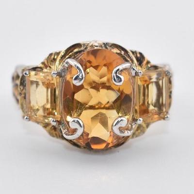 Sterling Silver 5 Carat Oval Citrine Ornate Ring