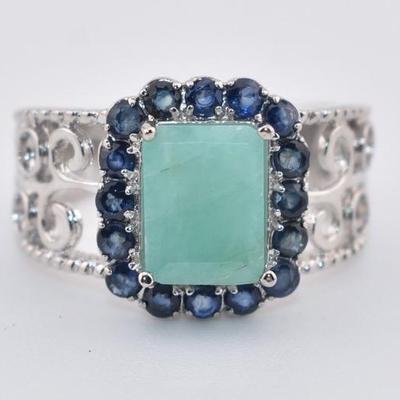 Sterling Silver Natural Unheated 2 Carat Emerald & Blue Sapphire Ring