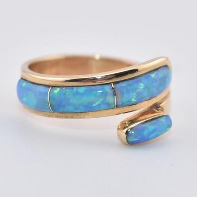 14k Yellow Gold Blue Opal Inlay Wrap-Around Ring