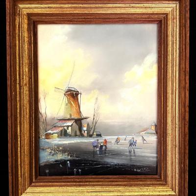 Small Oil Painting Of Dutch Winter Scene Signed By Artist (11”x13”)