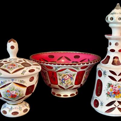 Bohemian Czech White Cut-to-Cranberry Hand Painted Floral Glass Bowl, Candy Dish, & Decanter