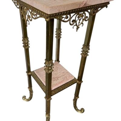Antique Two-Tier Pink Marble & Brass Stand