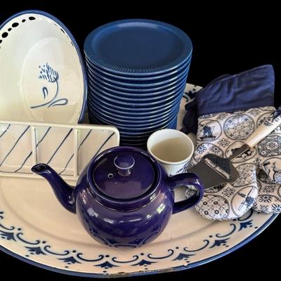 Blue & White Enamel Serving Set & More 