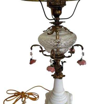 Electric Oil Lamp W/ Milk Glass Base & Porcelain Flowers 