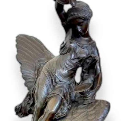 Louis Charles Hippolyte Buhot "Hebe and the Eagle of Jupiter" Bronze Sculpture, on Marble Top Podium