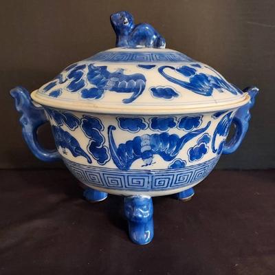 Vintage Blue & White Porcelain Bowl With Lid
