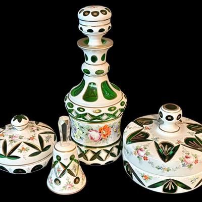 Bohemian Czech White Cut-to-Green Hand Painted Floral Glass Decanter, Candy Dishes, & Bell